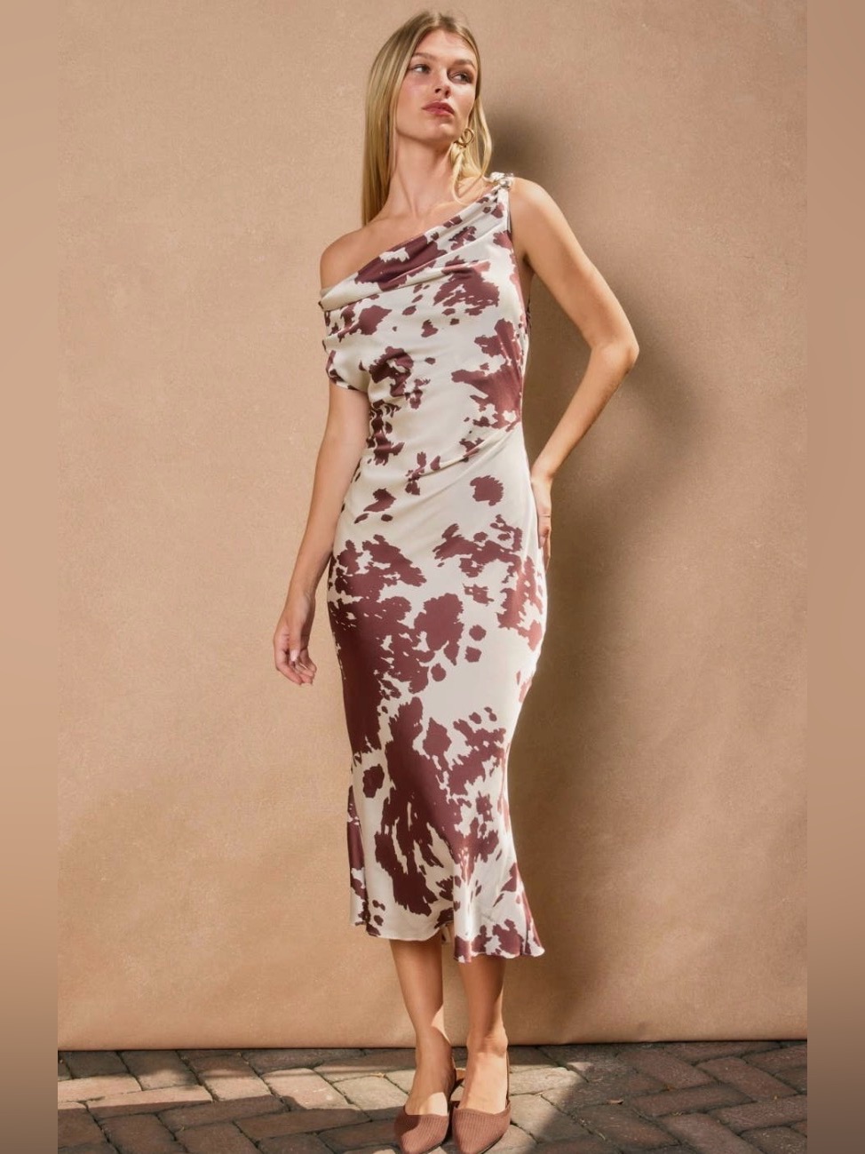 One-Shoulder Brown And Cream Cow Printed Midi Dress